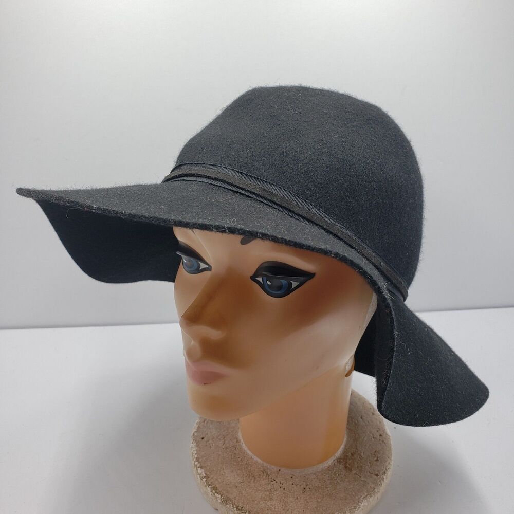Hinge Womens Wool Felt Floppy Hat Black Wide Brim Boho Festival Sun Cap OS